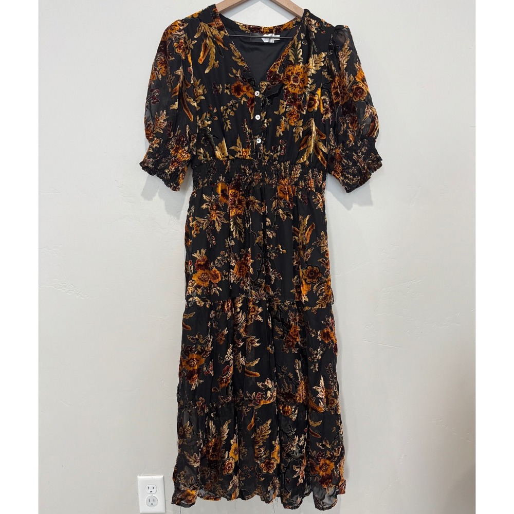 Piper & Scoot Exclusive Velvet Floral Burnout Maxi Dress Black Gold Fall Boho L